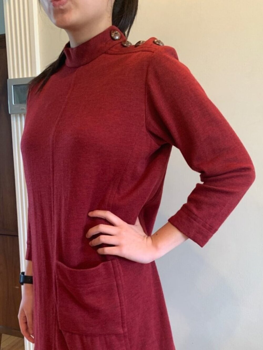 Vintage Yves Saint Laurent mock neck military epaulette button knit mini dress